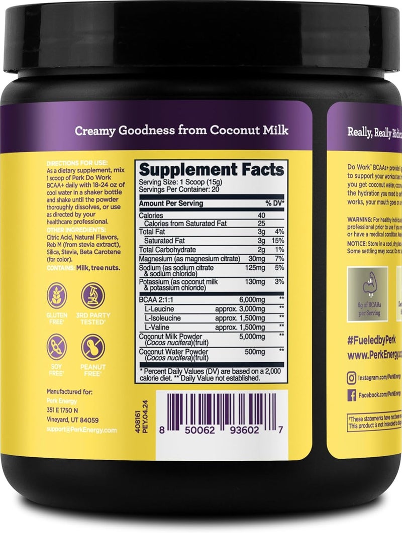 Perk Do Work BCAAs  Hydration Electrolytes Powder Naturally Sweetened Lemon Tart Flavored 20 Servings  with Coconut Water  Coconut Milk - Image 4