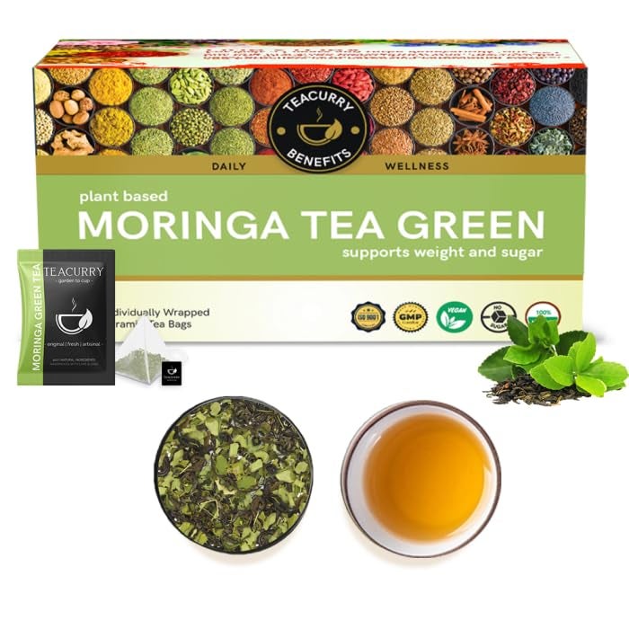 TEACURRY Moringa Green Tea (30 Tea Bags, 1 month Pack) - Helps with Heart Wellness, Level of Sugar | Moringa Green Tea for Weight Management | 100% Natural - Image 1