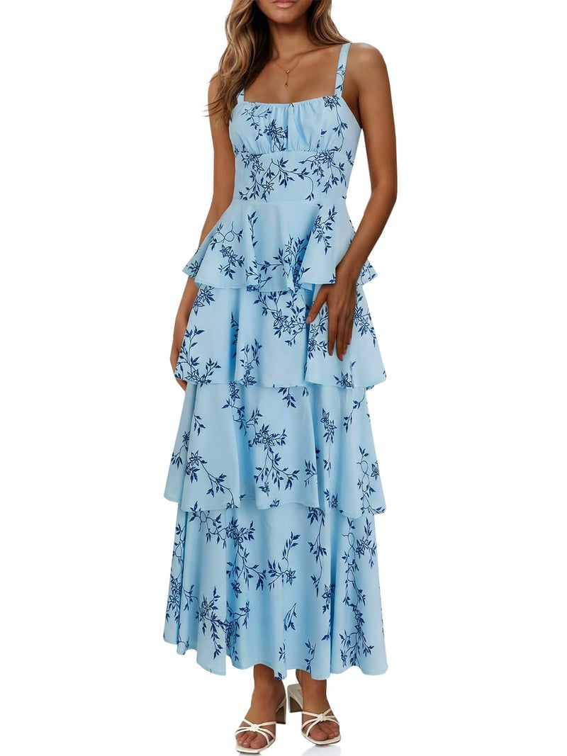 Fisoew Womens Floral Maxi Dresses Spaghetti Strap Casual Sleeveless Ruffle Flowy Tiered Dress - Image 1