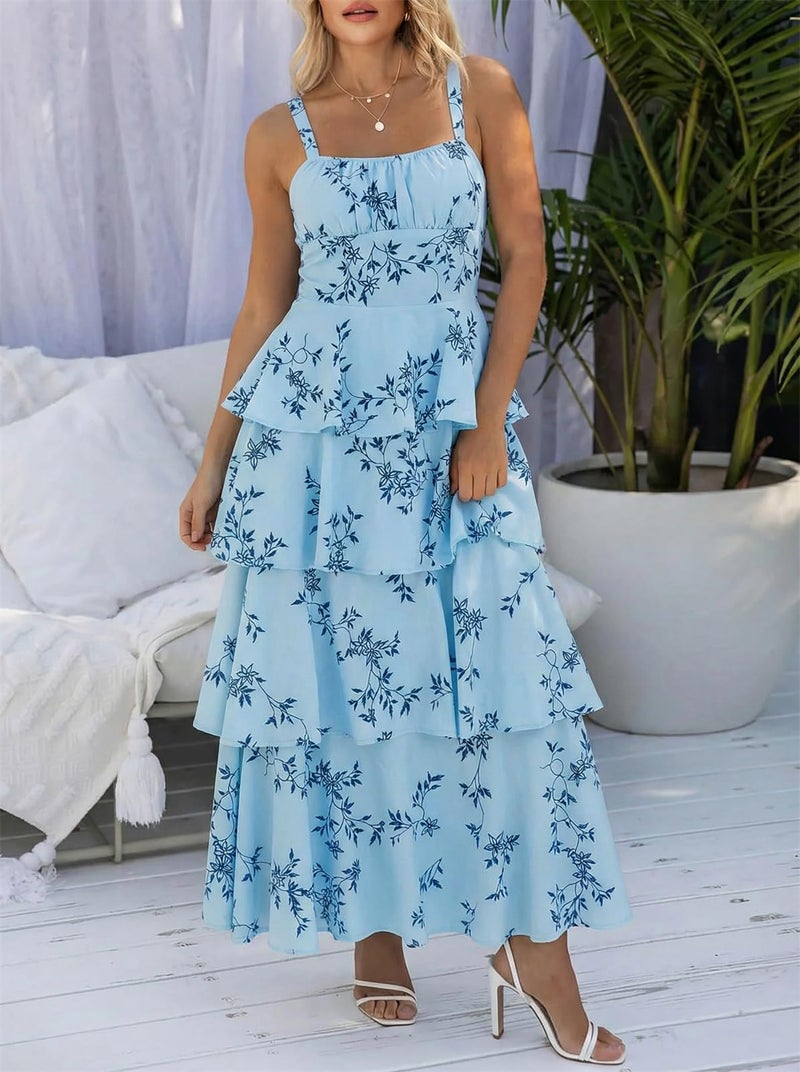 Fisoew Womens Floral Maxi Dresses Spaghetti Strap Casual Sleeveless Ruffle Flowy Tiered Dress - Image 2