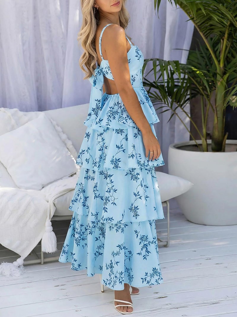 Fisoew Womens Floral Maxi Dresses Spaghetti Strap Casual Sleeveless Ruffle Flowy Tiered Dress - Image 4