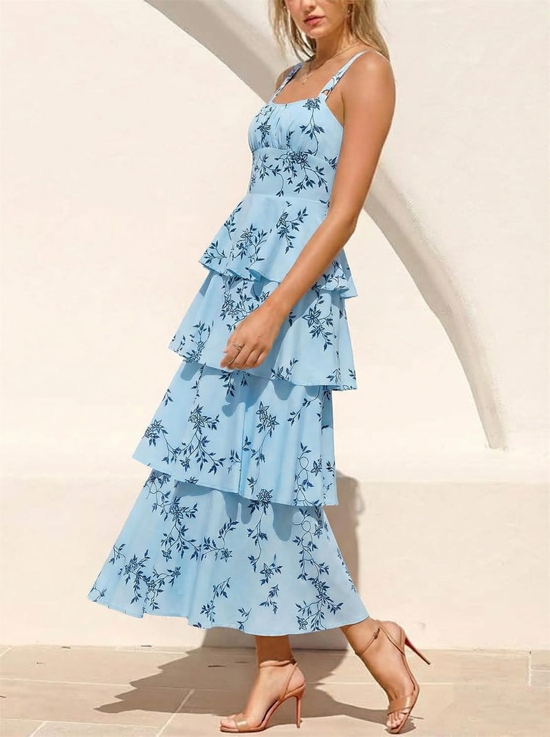 Fisoew Womens Floral Maxi Dresses Spaghetti Strap Casual Sleeveless Ruffle Flowy Tiered Dress - Image 3