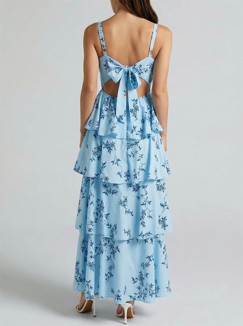 Fisoew Womens Floral Maxi Dresses Spaghetti Strap Casual Sleeveless Ruffle Flowy Tiered Dress - Image 5