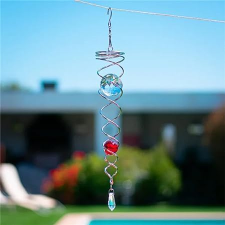 CONSILA Stainless Steel 360Rotating Wind Chimes Gazing Balls Crystal Spiral Wind Twister Spiral Tail Wind Chime with Crystal Pendant Art Sculpture Garden Yard Decor Royal Red - Image 5