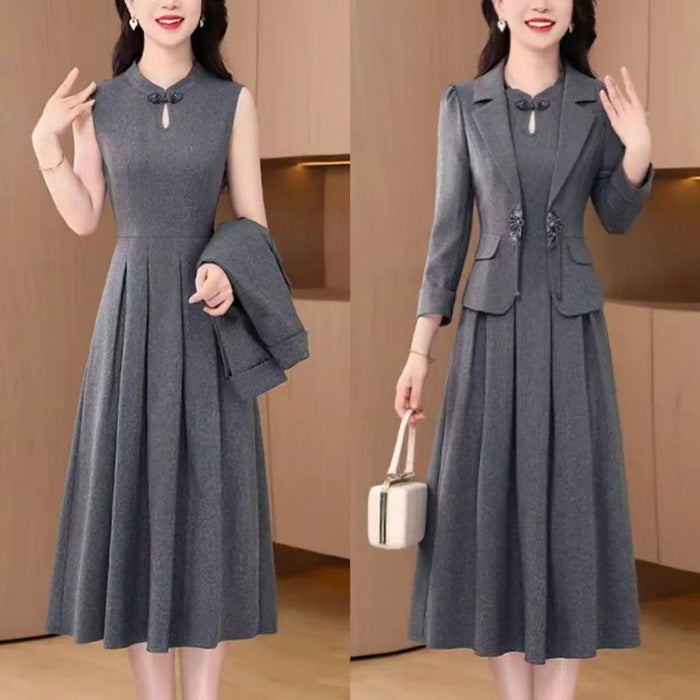Elegant Thinming Autumn New Style Chinese Style Long Sleeve Jacket Vest Skirt Two Piece Set Womens Fashionable Button Design Gray [two-piece set]