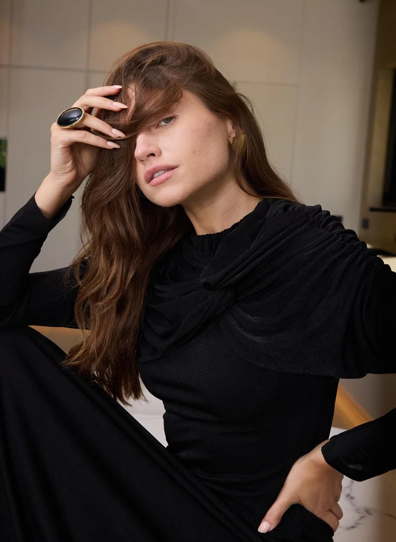 Ashita Fernandes  Ruched High Neck Mesh Dress – Black for Women | Best Price UAE