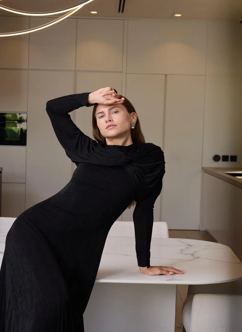 Ashita Fernandes Ruched High Neck Mesh Dress – Black