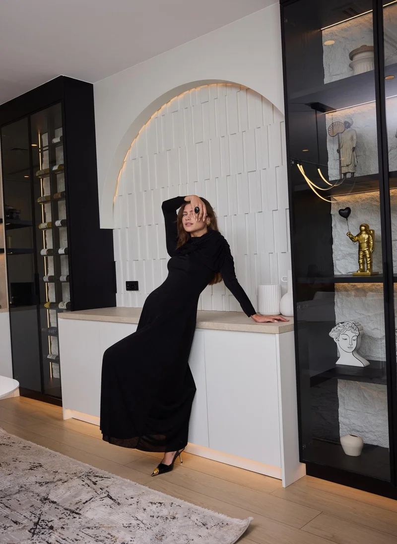 Ashita Fernandes  Ruched High Neck Mesh Dress – Black for Women | Best Price UAE