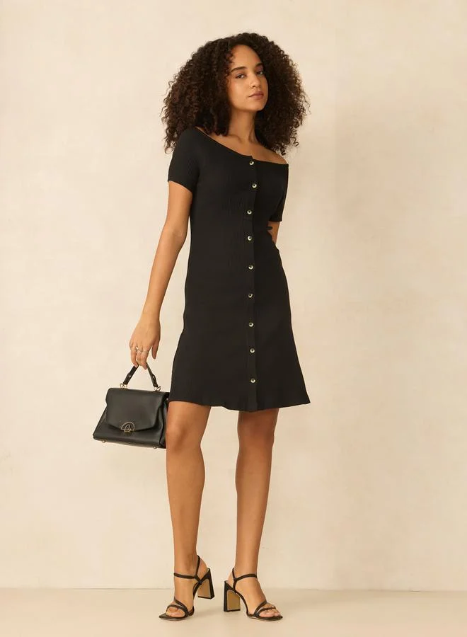 Outzidr  Black Off Shoulder Button Down Ribbed Dress for Women | Best Price UAE