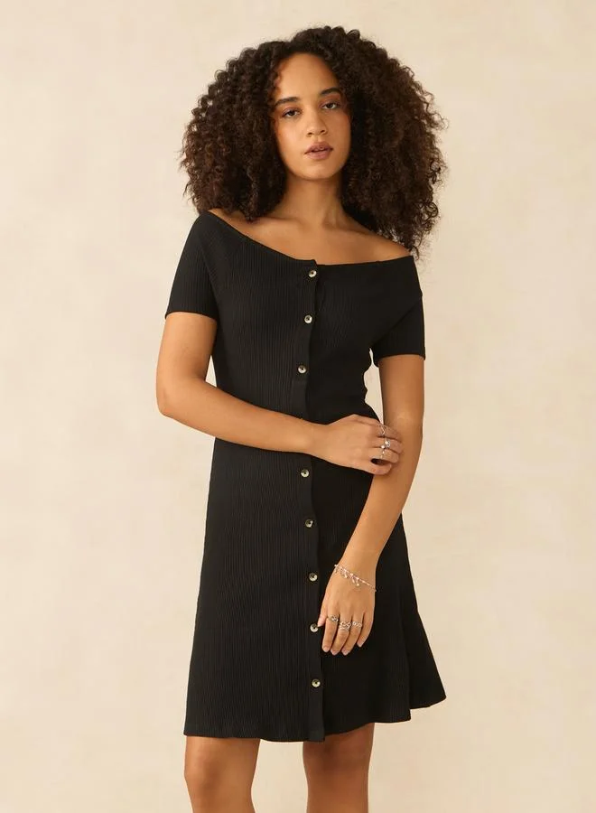 Outzidr  Black Off Shoulder Button Down Ribbed Dress for Women | Best Price UAE