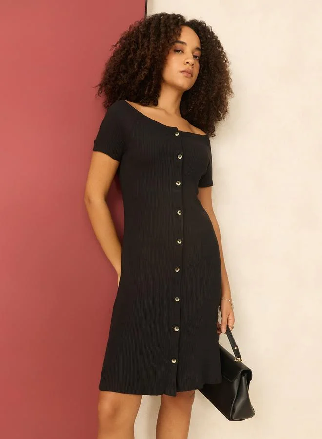 Outzidr  Black Off Shoulder Button Down Ribbed Dress for Women | Best Price UAE