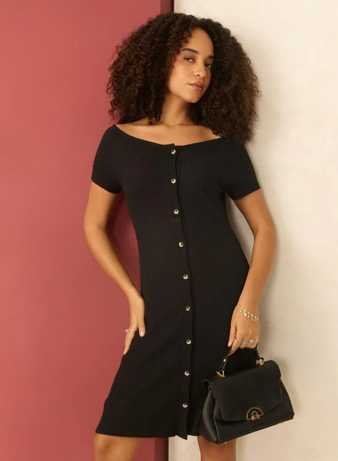 Black Off Shoulder Button Down Ribbed Dress