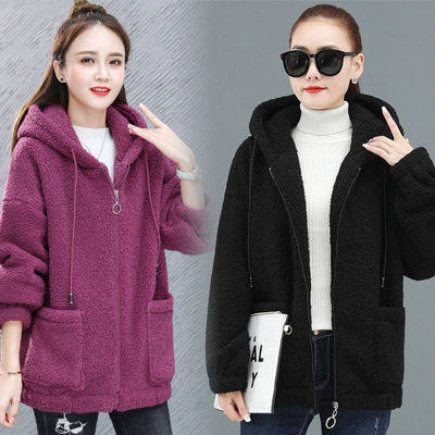 2022 Lamb Wool Hoodie Women Thick Korean Zip Up Black - Image 3