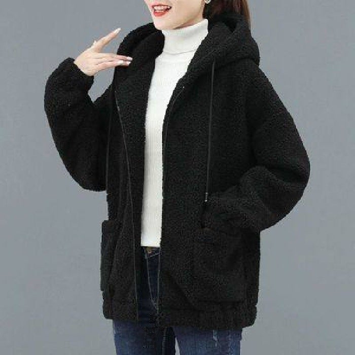 2022 Lamb Wool Hoodie Women Thick Korean Zip Up Black - Image 1