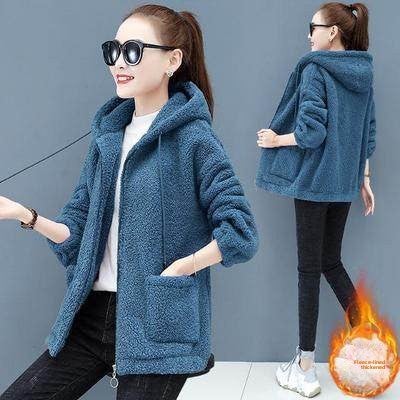 2022 Lamb Wool Hoodie Women Thick Korean Zip Up Black - Image 4