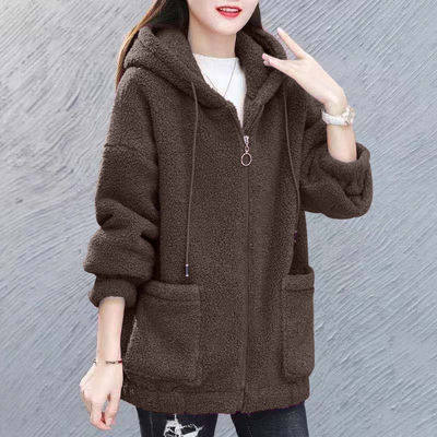 2022 Lamb Wool Hoodie Women Thick Korean Zip Up Black - Image 5
