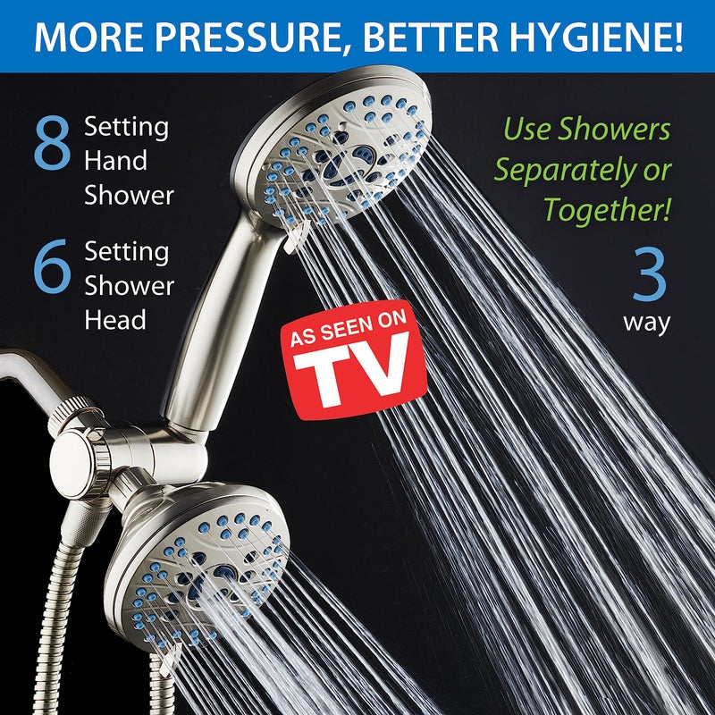 Hotel Spa Aquacare As-Seen-On-Tv High Pressure 48-Setting Rain & Handheld 3-Way Shower Head Combo - Anti-Clog Nozzles/Tub Tile & Pet Power Wash/Extra Long 6 Ft. Hose/Satin Nickel Finish - Image 2