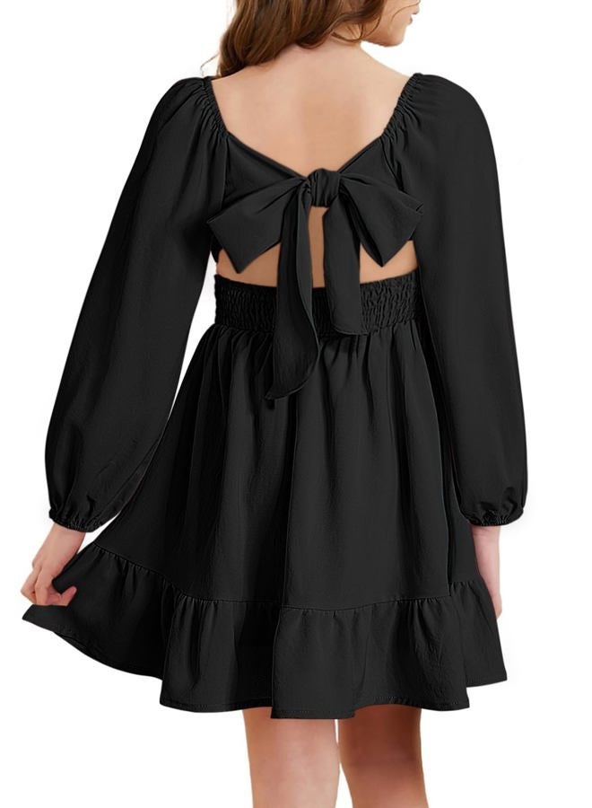 blibean Girls Long Sleeve Tie Back Dress Teen Fall Boho Wedding Guest Dresses Tween Holiday Formal Outfit Big Kids Cute Dance Christmas Clothes Size 12-13 Years Old Black - Image 4