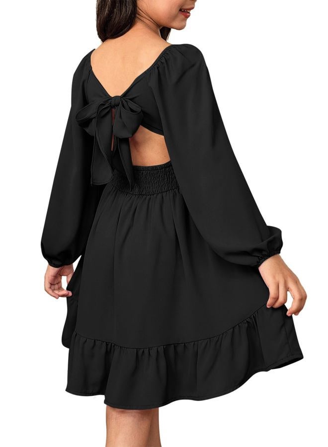 blibean Girls Long Sleeve Tie Back Dress Teen Fall Boho Wedding Guest Dresses Tween Holiday Formal Outfit Big Kids Cute Dance Christmas Clothes Size 12-13 Years Old Black - Image 1