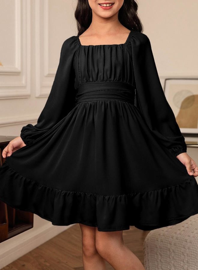 blibean Girls Long Sleeve Tie Back Dress Teen Fall Boho Wedding Guest Dresses Tween Holiday Formal Outfit Big Kids Cute Dance Christmas Clothes Size 12-13 Years Old Black - Image 2