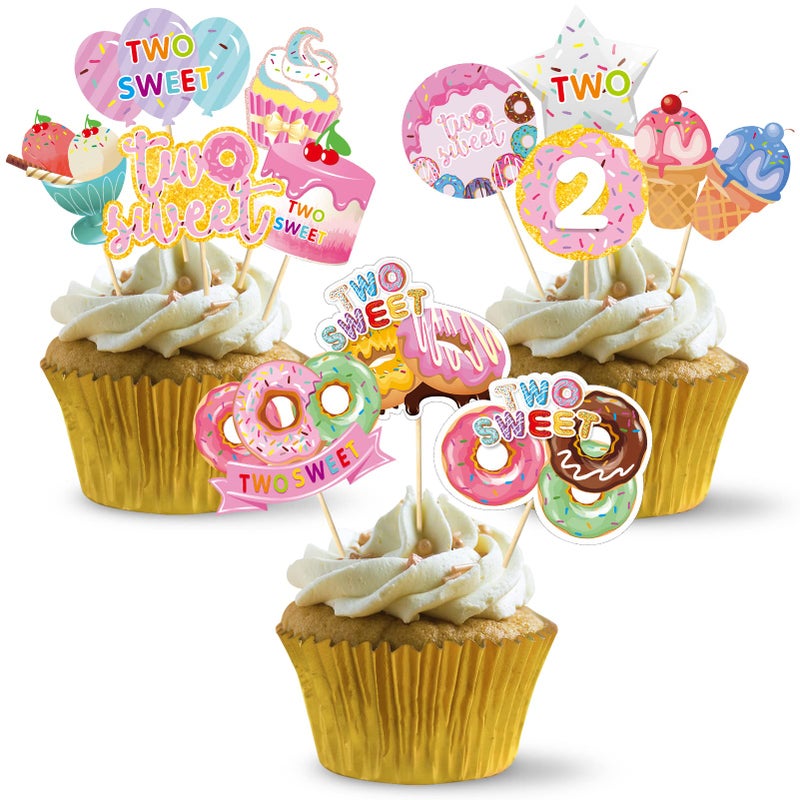 Excelloon 48pcs Donut Party Decorations Two Sweet Birthday Cupcake Toppers, Donut Grow Up Theme donut 2nd Bday Cake Topper Supplies for Girl, Doughnut Happy 2nd Birthday Cake Decor - Image 1