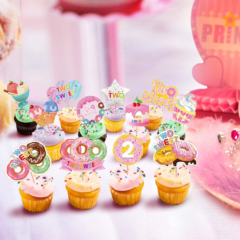 Excelloon 48pcs Donut Party Decorations Two Sweet Birthday Cupcake Toppers, Donut Grow Up Theme donut 2nd Bday Cake Topper Supplies for Girl, Doughnut Happy 2nd Birthday Cake Decor - Image 4