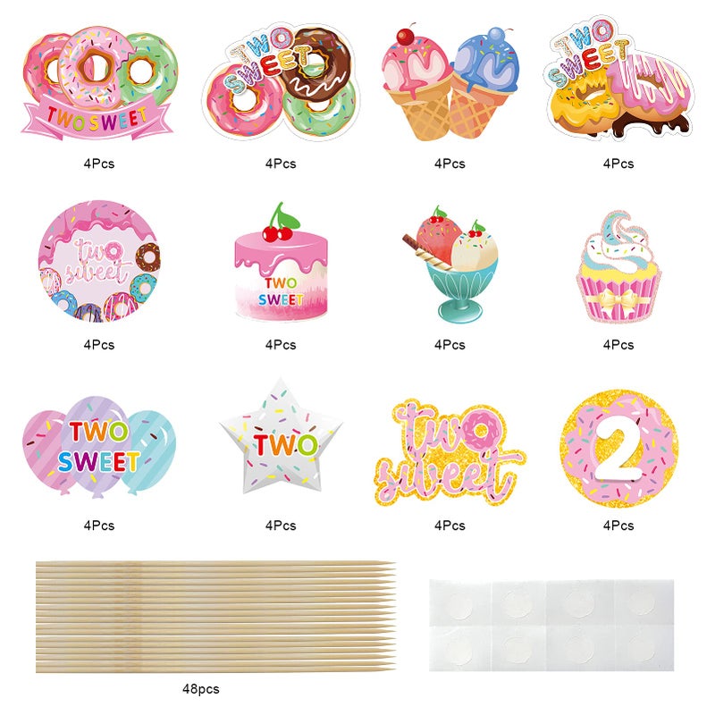Excelloon 48pcs Donut Party Decorations Two Sweet Birthday Cupcake Toppers, Donut Grow Up Theme donut 2nd Bday Cake Topper Supplies for Girl, Doughnut Happy 2nd Birthday Cake Decor - Image 2