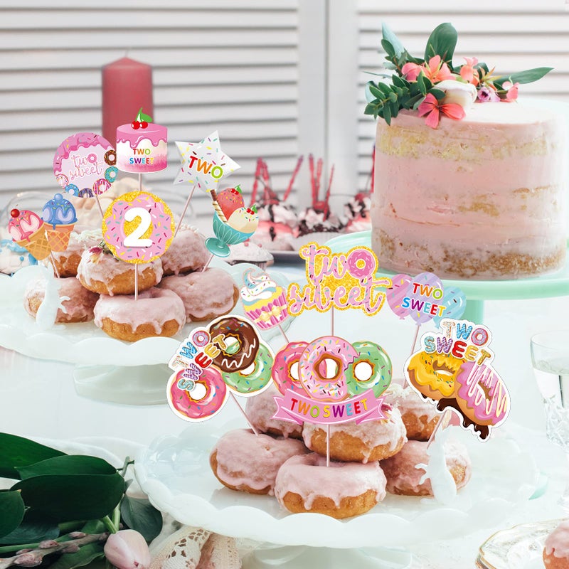 Excelloon 48pcs Donut Party Decorations Two Sweet Birthday Cupcake Toppers, Donut Grow Up Theme donut 2nd Bday Cake Topper Supplies for Girl, Doughnut Happy 2nd Birthday Cake Decor - Image 5