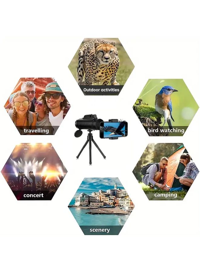 Black Monocular Telescope 40mm HD Optics with Tripod Smartphone Adapter for Outdoor Travel Wildlife - Image 5