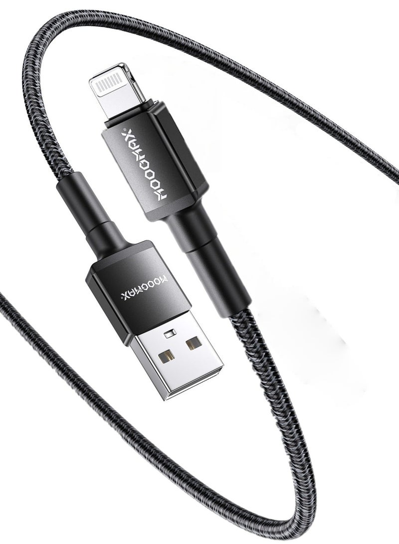 موجماكس سلك شاحن ايفون اصلي ومعتمد MFI. كيبل ايفون بطول 1 متر. سلك شاحن ايفون يدعم الشحن السريع حتى 2.4A. سلك ايفون مصنوع من القماش المقاوم للقطع. سلك ايفون اصلي متوافق مع جميع أجهزة ايفون التي تعمل بمنفذ لايتنينج حتى ايفون 14 بروماكس. وصلة شاحن ايفون من موجماكس. أسود - Image 1