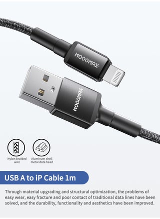 Original MFI-certified iPhone charger cable. 1-meter lightning to usb c. USB to lightning charger cable supports fast charging up to 2.4A. iPhone cable made of cut-resistant fabric. lightning cable compatible with all iPhones with a Lightning port up to the iPhone 14 Pro Max. iPhone charger cable from MoogMax. Black. - view 2
