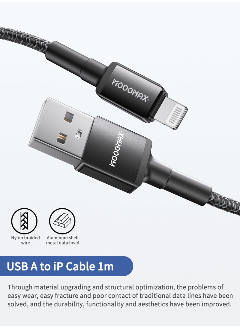 موجماكس سلك شاحن ايفون اصلي ومعتمد MFI. كيبل ايفون بطول 1 متر. سلك شاحن ايفون يدعم الشحن السريع حتى 2.4A. سلك ايفون مصنوع من القماش المقاوم للقطع. سلك ايفون اصلي متوافق مع جميع أجهزة ايفون التي تعمل بمنفذ لايتنينج حتى ايفون 14 بروماكس. وصلة شاحن ايفون من موجماكس. أسود - Image 2