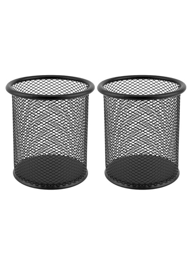 2 packs of Round Metal Pencil Pots | Desk Organizer | Multifunctional Mesh Cup - black - Image 1