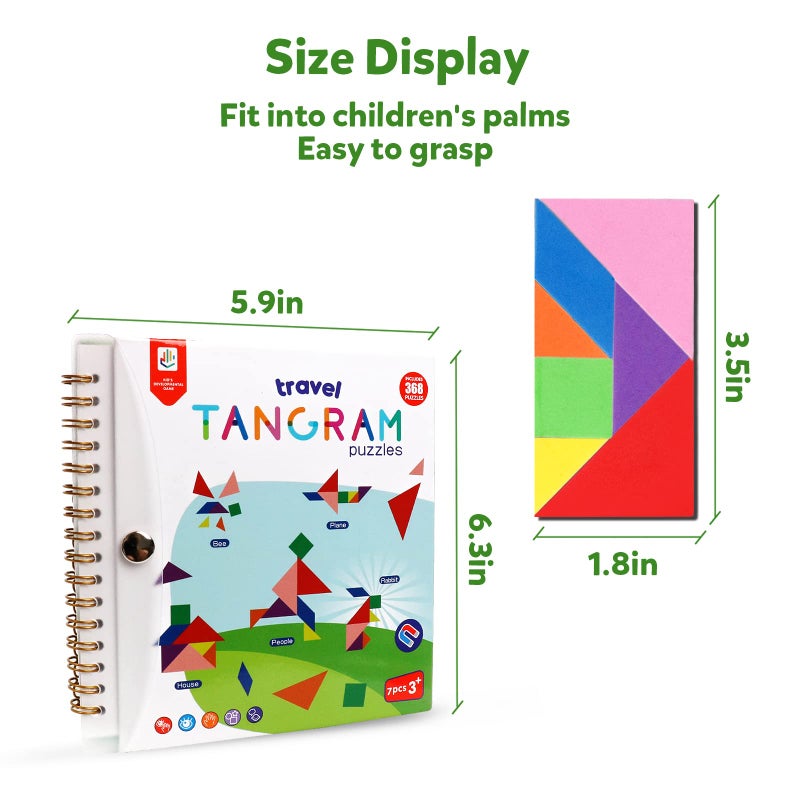 kizh Travel Tangram Puzzle Magnetic Puzzle Book Game Road Trip Game Jigsaw Shapes Dissection STEM Games with Solution IQ Educational Toy for Kid Adult Challenge Brain Teasers 368 Patterns(2Pcs Tangrams) - Image 2