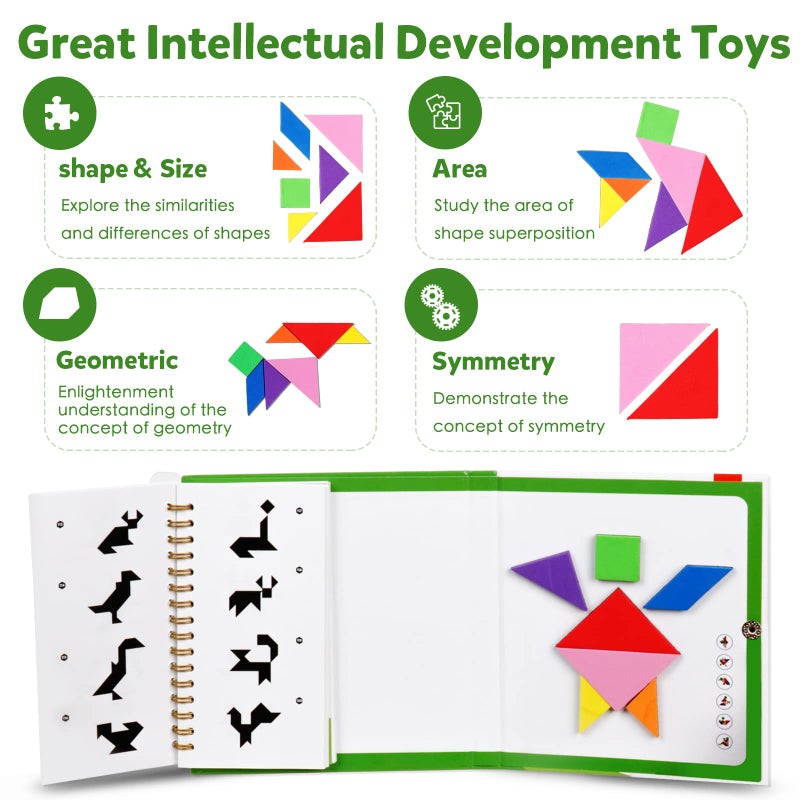 kizh Travel Tangram Puzzle Magnetic Puzzle Book Game Road Trip Game Jigsaw Shapes Dissection STEM Games with Solution IQ Educational Toy for Kid Adult Challenge Brain Teasers 368 Patterns(2Pcs Tangrams) - Image 5