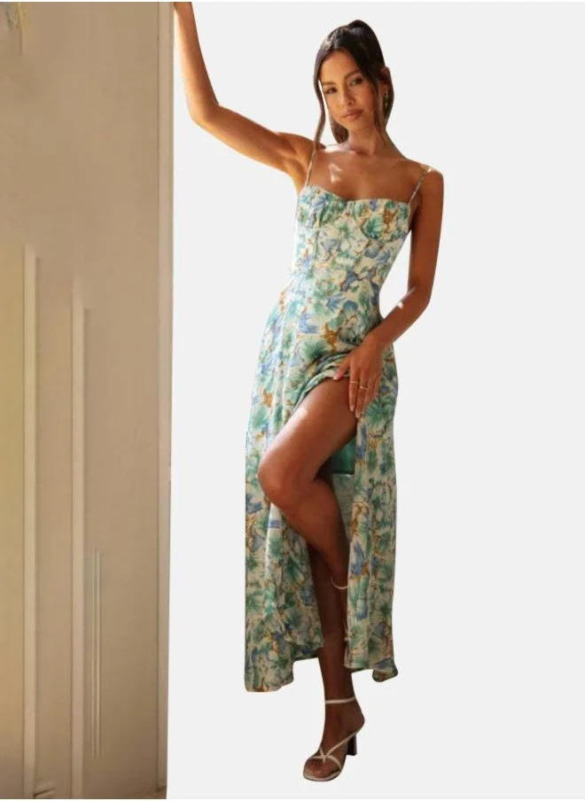 يونيكي Green Floral Printed Shoulder Straps Maxi Dress