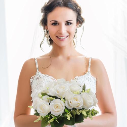 CYANLUX Wedding Bouquets for Bride Bridesmaid Bouquet Champagne White Artificial Roses Flowers for Wedding Valentines Day Church Home Decoration 1White - Image 3