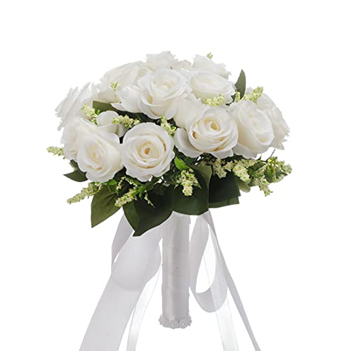 CYANLUX Wedding Bouquets for Bride Bridesmaid Bouquet Champagne White Artificial Roses Flowers for Wedding Valentines Day Church Home Decoration 1White - Image 1