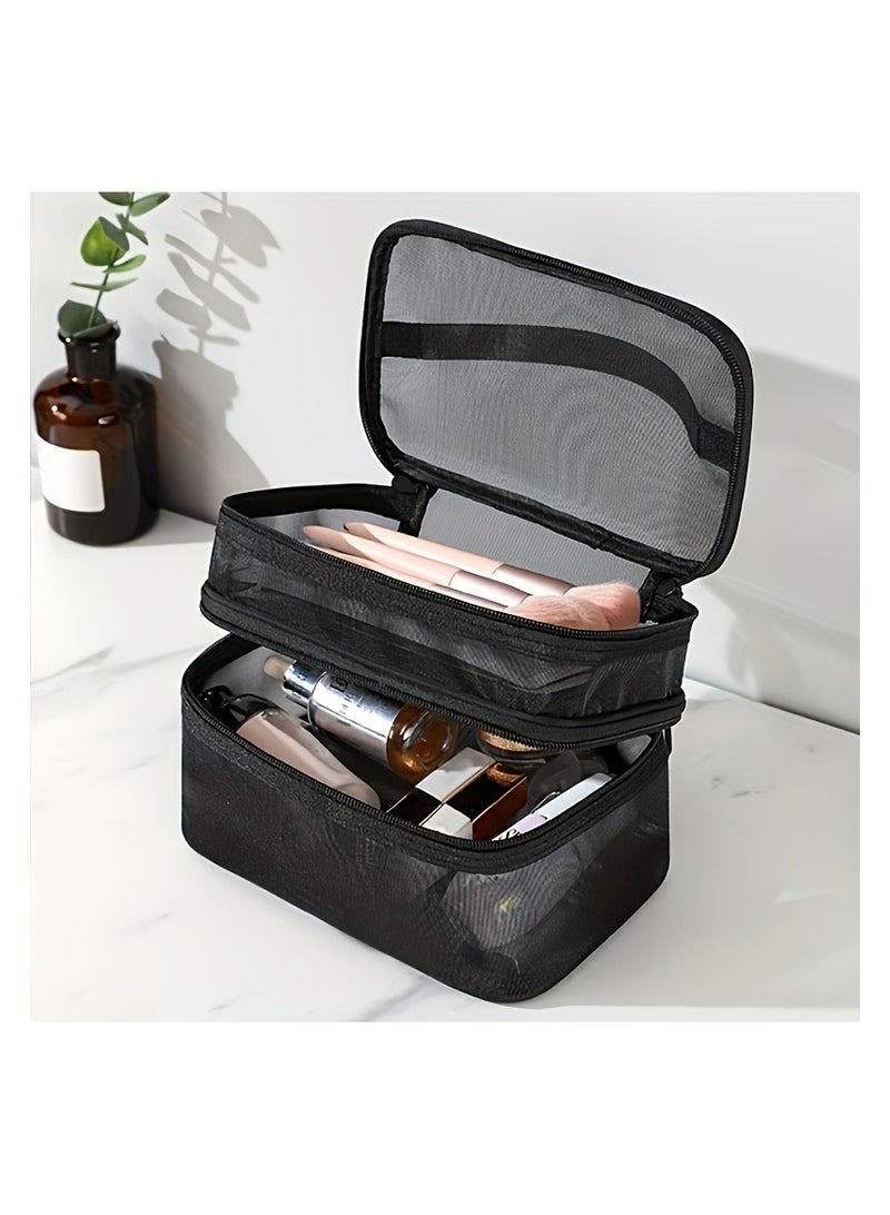 Double Layer Travel Makeup Bag , Mesh Cosmetic Bag , Large Toiletry Bag for Women Makeup Bag Organizer with Handle - Image 1