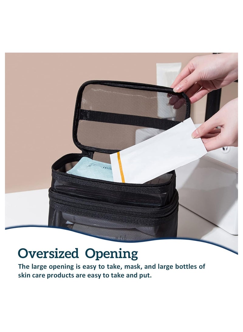 Double Layer Travel Makeup Bag , Mesh Cosmetic Bag , Large Toiletry Bag for Women Makeup Bag Organizer with Handle - Image 3