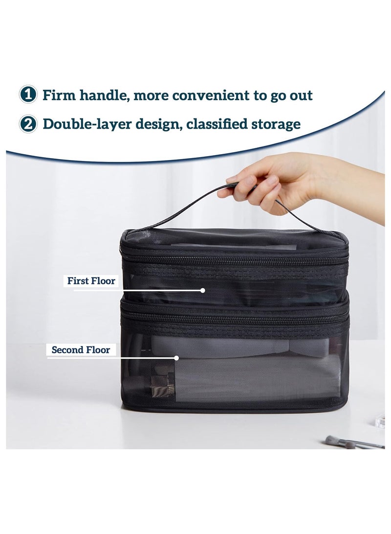 Double Layer Travel Makeup Bag , Mesh Cosmetic Bag , Large Toiletry Bag for Women Makeup Bag Organizer with Handle - Image 4