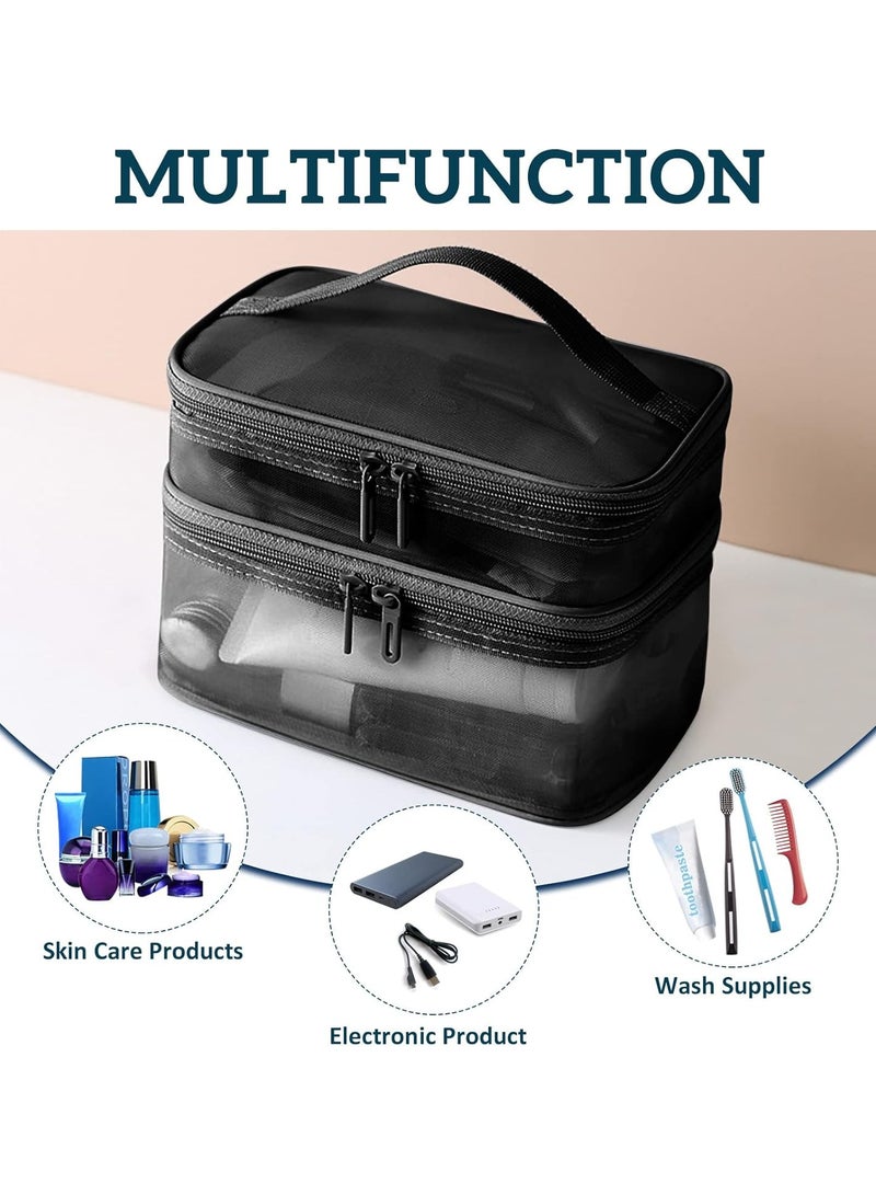 Double Layer Travel Makeup Bag , Mesh Cosmetic Bag , Large Toiletry Bag for Women Makeup Bag Organizer with Handle - Image 5