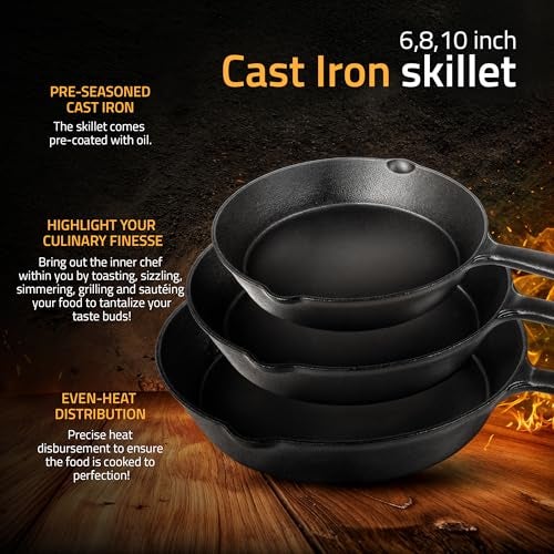 Utopia Kitchen Cast iron Skillets 3 Piece Set, Chefs Pan, Pre Seasoned Cast iron Skillets, 6, 8 & 10 Inches, Easy Use in the Oven, Stove, Grill, or Campfire, Black - Image 3