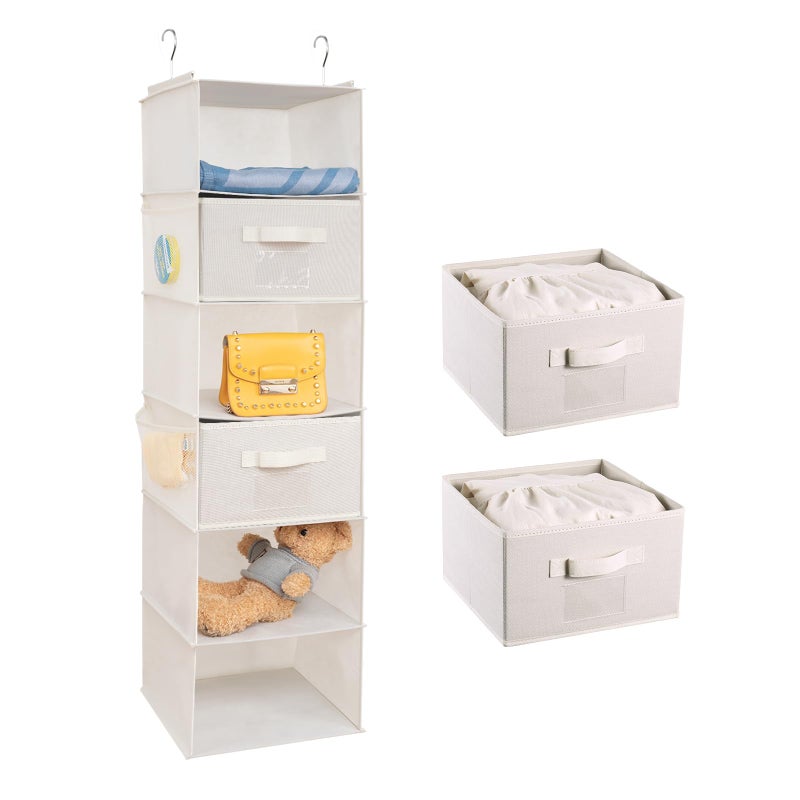 BrilliantJo Hanging Wardrobe Organiser 6 Shelves with 2 Removable Drawers Closet Storage hanging Shelves Unit with 4 Pockets for Clothes  Beige12x 12 x 433 inch