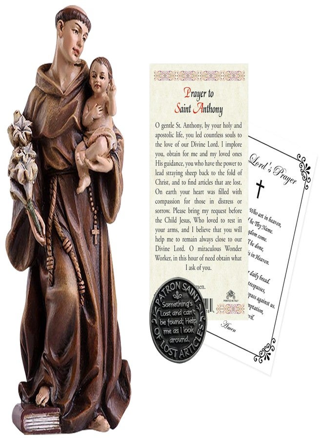 Trendzeen St Anthony of Padua Statue Figurine (4 Inch), Laminated Prayer Card, Saint Anthony Pocket Token Coin, The Lord's Prayer Card | Patron Saint of Lost Things Set of 4 Items - Image 1