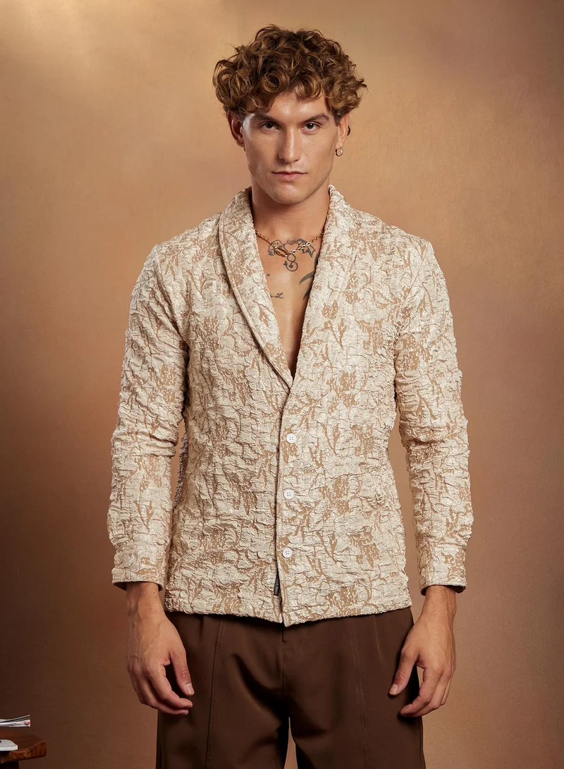 كامبوس سوترا Men's Sand Beige Crushed Shawl Collar Oversized Shirt For Casual Wear | Shawl Collar | Long Cuffed Sleeves | Button Closure | Oversized Shirt Crafted With Comfort Fit For Everyday Wear
