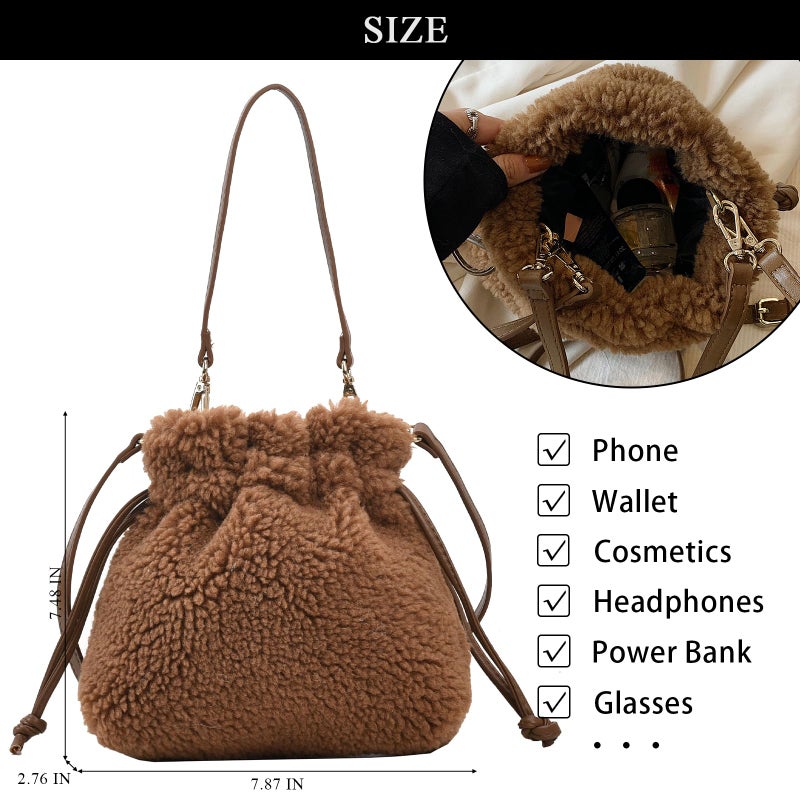 Extolove Fluffy Purse, Faux Fur Purses for Women Furry Crossbody Bucket Bags Fuzzy Shoulder Tote Bag (Brown) - Image 4