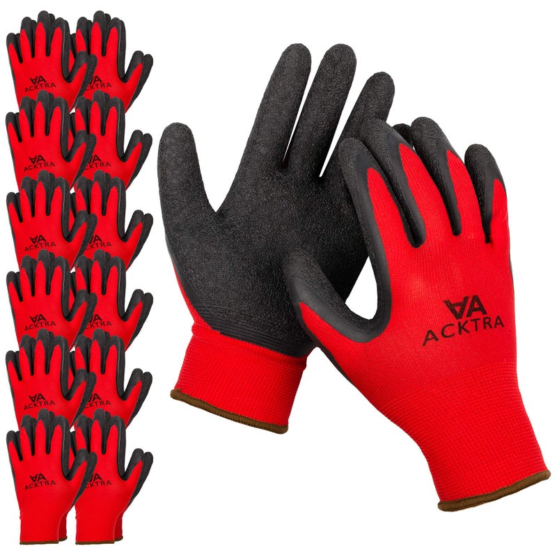ACKTRA Coated Nylon Safety WORK GLOVES 12 Pairs Knit Wrist Cuff Multipurpose for Men  Women WG008 Red Polyester Black Latex XLarge