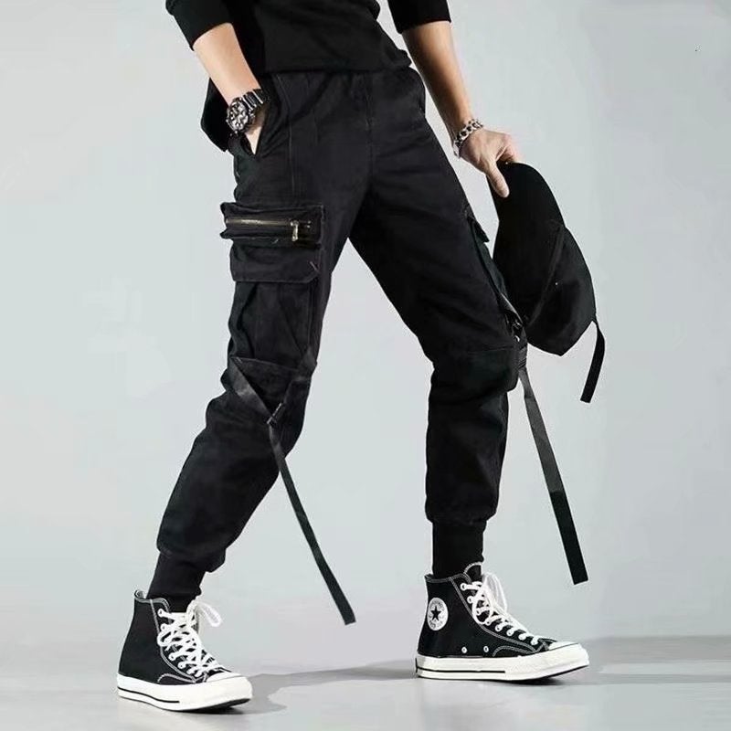 Hong Kong fashion youth ankle-tied pants mens fashion brand functional tactical umbrella overalls Yupi casual student slim fit pencil pants 6091 - Image 1