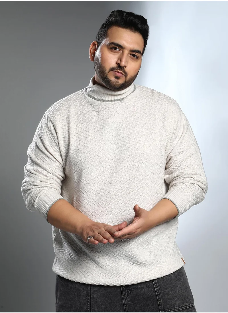 Instafab Plus Instafab Plus Men's Light Grey Herringbone Textured Pullover Sweater For Casual Wear | Turtle Neck | Long Cuff Sleeves | Pull On Closure | Plus Size Sweater Crafted With Comfort Fit For Everyday Wear